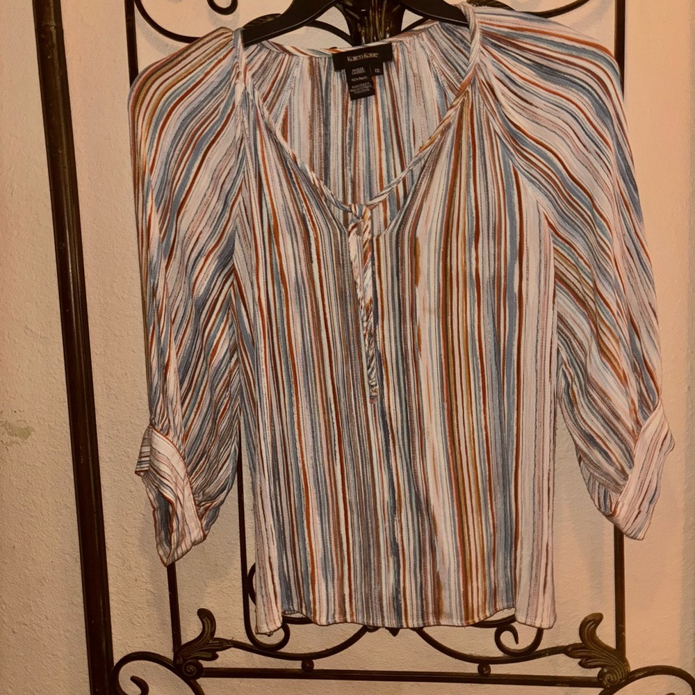 Karen Kane  V-Neck W/ Tie- Rich Mix of Blues, Copper, and Cream